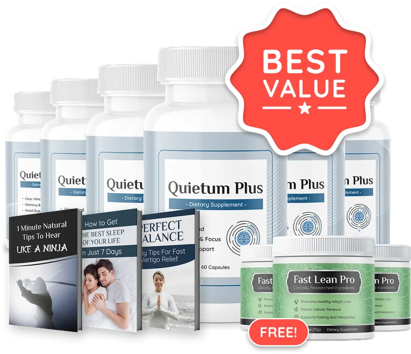 Quietum Plus bottle from the brand's own product image, front label reading Clear Mind, Memory and Focus, Mood Support, 60 Capsules