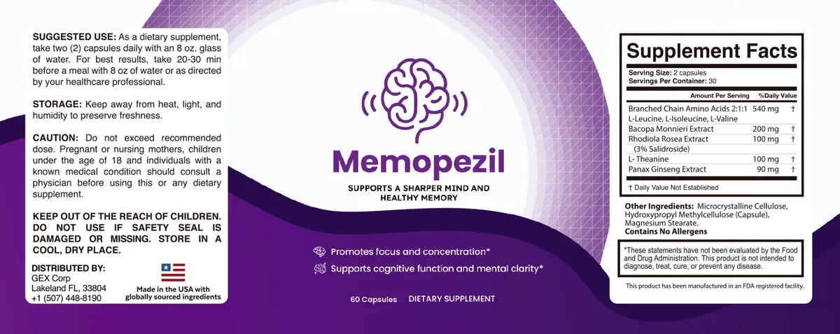 The full Memopezil label including the Supplement Facts panel published by the manufacturer