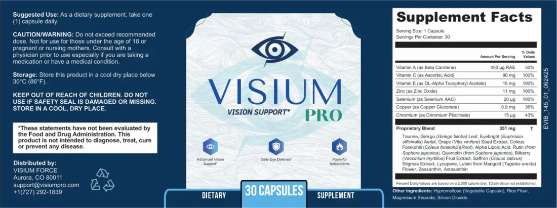 Visium Pro Supplement Facts label showing vitamin A as beta-carotene 450 mcg, vitamin C 90 mg, vitamin E 15 mg, zinc 11 mg, selenium, copper, chromium and a 351 mg proprietary blend of 14 ingredients